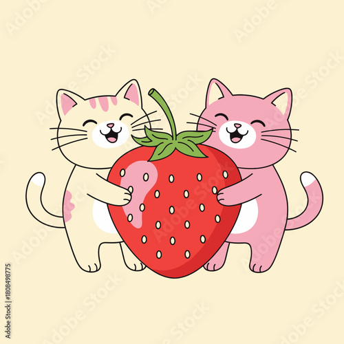 Two adorable cats holding a large strawberry happily.