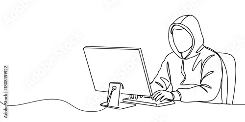 A single continuous line of a hacker sitting in front of a computer, symbolizing cybercrime, vector illustrator