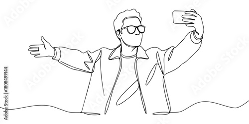 A single continuous line of an influencer taking a selfie, symbolizing the phenomenon of influencer marketing, vector illustrator