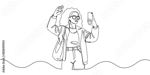A single continuous line of an influencer taking a selfie, symbolizing the phenomenon of influencer marketing, vector illustrator