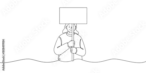A single continuous line of a person holding a blank board, symbolizing a demonstration movement, vector illustrator