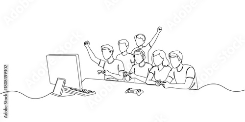 A single continuous line of a group of people playing video games, symbolizing video game culture, vector illustrator