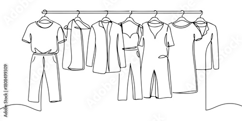 A single continuous line of fast fashion clothing on a shelf, symbolizing fast fashion, vector illustrator
