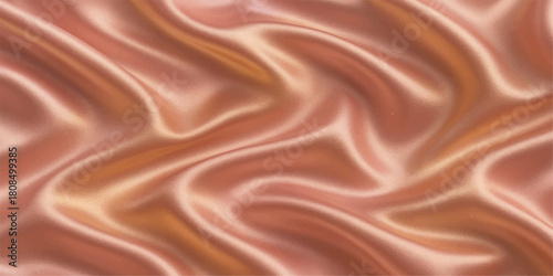 Dark brown liquid chocolate with a flowing, soft, and shiny silk texture forms a luxurious, smooth wave pattern against a backdrop of red and white