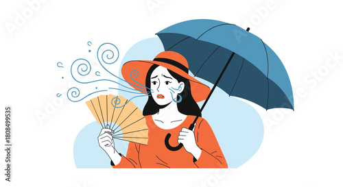 Woman fanning herself under an umbrella in hot weather, showing discomfort from the heat.