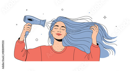Young woman with long blue hair drying it with a blue hairdryer, looking content.