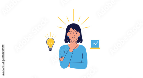 A woman is thoughtfully considering new ideas and business growth with a light bulb and a graph icon.