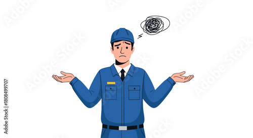 Confused worker in blue uniform with hands raised in a shrug gesture and a thought bubble with scribbles.