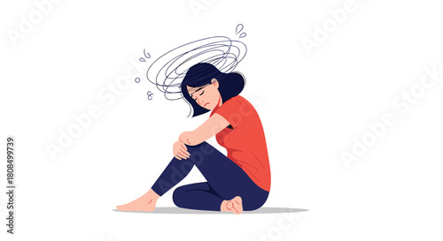Woman sitting with her head down and a swirl of lines above her head, symbolizing confusion or dizziness.