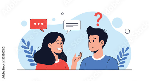 Two people engaged in a conversation, with speech bubbles and a question mark indicating dialogue and uncertainty.