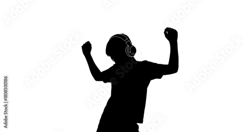 Silhouette Man Dancing, Happy Listener with Headphones, Music Celebration Pose