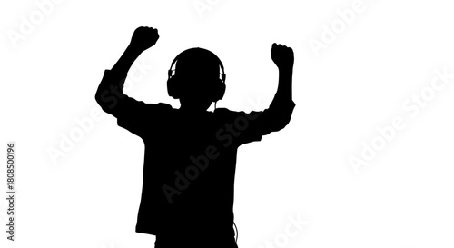 Silhouette Man Dancing, Happy Listener with Headphones, Music Celebration Pose