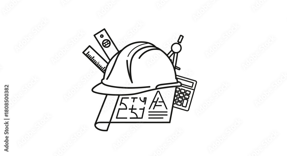 Fototapeta premium Construction and Engineering Tools, Hard Hat Blueprint Line Icon, Architecture and Planning Outline