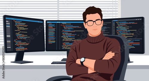 Developer with Multi-Screen Setup, Coder Working on Multiple Monitors, Focused Programmer Illustration