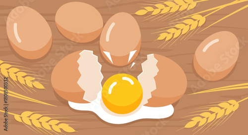 Cracked Egg on Wooden Table, Baking Ingredients Flat Lay, Farm Fresh Eggs and Wheat