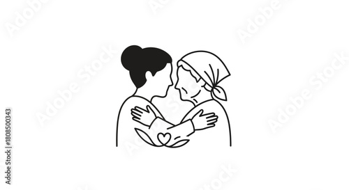 Intergenerational Hug Line Art, Mother Daughter Care Icon, Love and Support Illustration