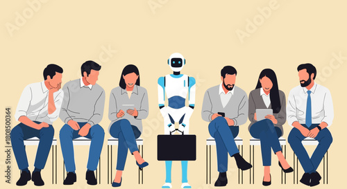 Robot in Job Interview Waiting Room, AI and Human Workforce, Automation Hiring Process