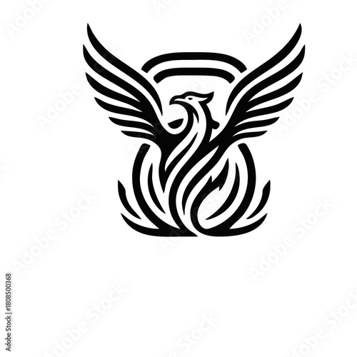 Phoenix rising from a kettlebell logo design, symbolizing strength, fitness, rebirth, and power. Ideal for gyms, sports brands, and training centers.