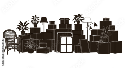 Moving Boxes and Household Goods, Pile of Belongings Silhouette, Home Relocation and Packing