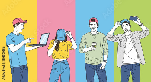 Group of Young People Illustration, Millennial Lifestyle and Technology, Digital Youth Diversity