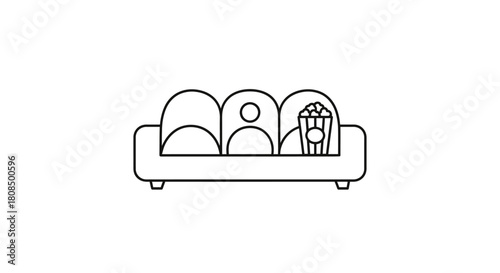 Movie Night Sofa Outline, Group Watching Film with Popcorn, Home Entertainment Line Art