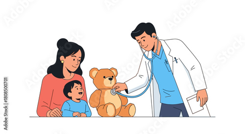 Doctor Examining Teddy Bear Illustration, Pediatrician and Child Checkup, Medical and Health Care