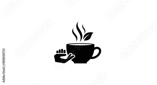 Hand Holding Steaming Cup Icon, Hot Drink with Tea Leaves, Wellness Beverage Silhouette