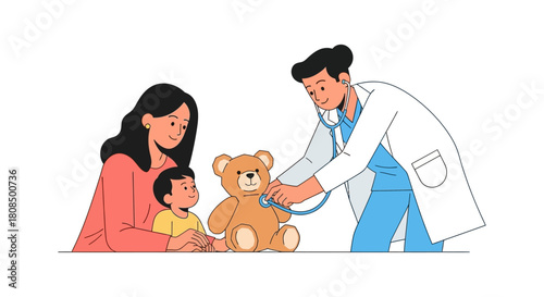 Pediatrician Examining Teddy Bear Illustration, Mother and Child Doctor Visit, Child Health Checkup