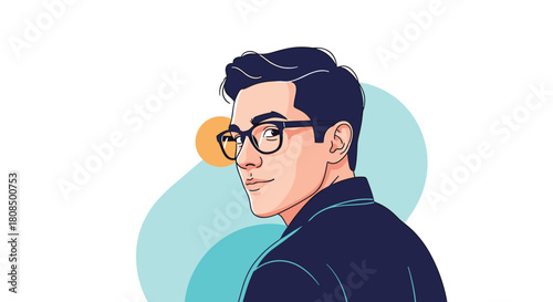 Close-up illustration of a young man with dark hair and glasses looking over his shoulder.