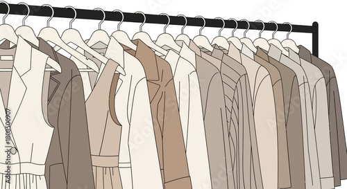 Minimalist neutral color clothing, Earth tone fashion collection, Trench coats on rack