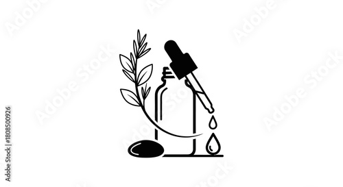 Essential oil dropper bottle silhouette, Natural serum and herbs icon, Organic beauty product logo