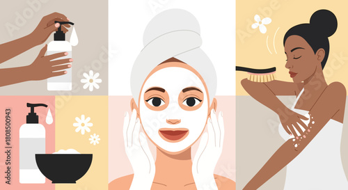 Diverse women's body care illustration, Skin routine steps collage, Spa and natural beauty