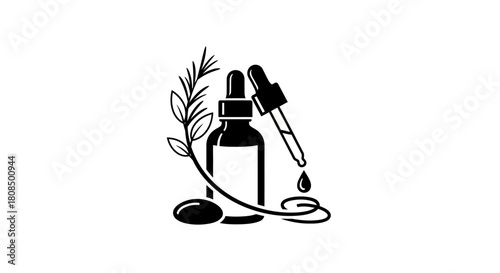 Essential oil dropper bottle silhouette, Natural serum and herbs icon, Organic beauty product logo