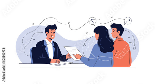 Man in a suit interviews a couple who look confused with question marks above their heads.