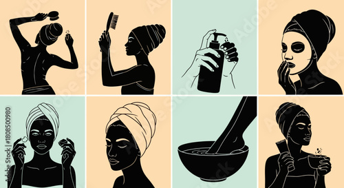 Women's beauty routine icons, Silhouette body care steps, Minimalist spa treatment illustration