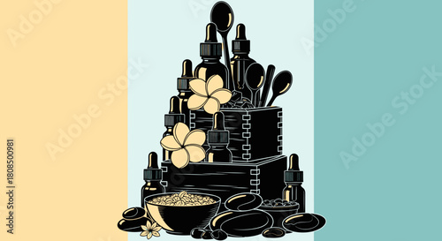Essential oil silhouette tower, Natural beauty product composition, Spa ingredients on color background