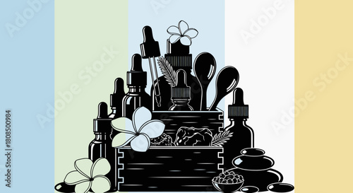 Spa and beauty products arrangement, Natural ingredients silhouette collage, Essential oil bottles and flowers