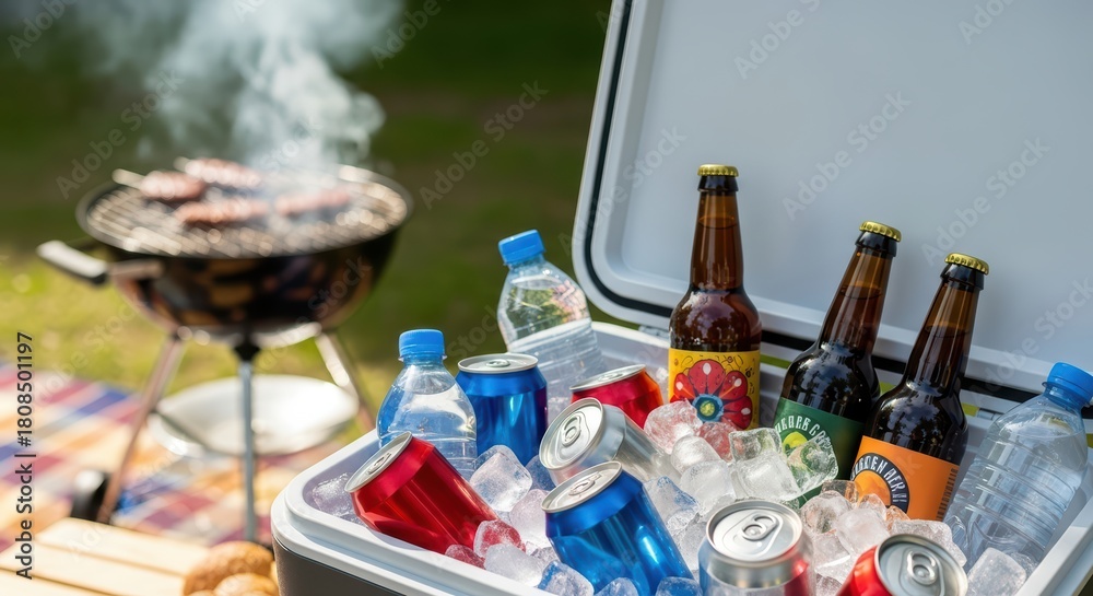 Obraz premium Outdoor barbecue scene with cooler of drinks and smoking grill