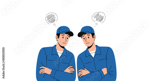 Two construction workers in blue uniforms with hats thinking with thought bubbles above their heads.