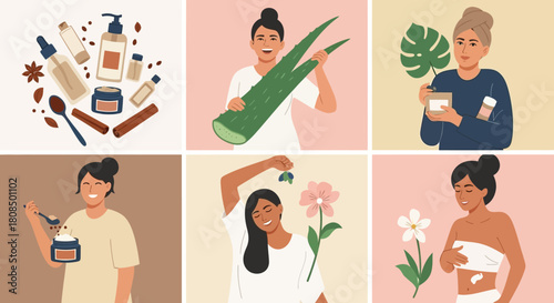 Colorful self-care and beauty routine, Women holding natural ingredients, Flat illustration of cosmetic products