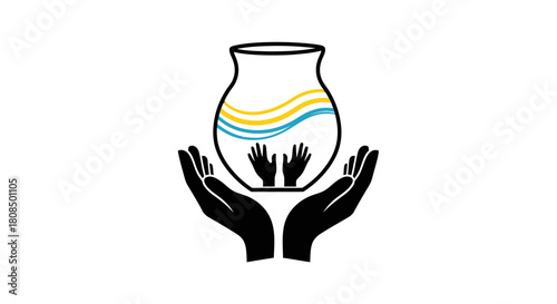 Hands holding artistic vase logo, Creative ceramics and pottery icon, Abstract art and hands symbol