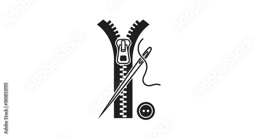 Sewing and zipper logo design, Tailoring equipment silhouette icon, Fashion repair symbol with button