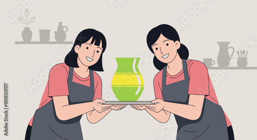 Ceramic artists presenting a pot, Pottery class and handmade clay, Two women holding green vase