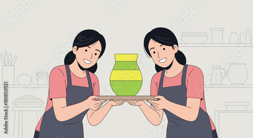 Two potters presenting ceramic vase, Smiling women showing clay art, Handmade pottery studio scene