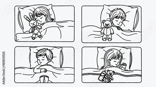 Children Sleeping in Bed with Plush Toys Black and White Illustration