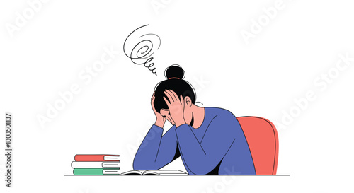 A stressed student with head in hands and books piled next to them feels overwhelmed.