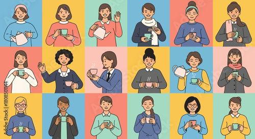 Diverse group enjoying tea, Flat illustration of tea drinkers, Women and men holding cups