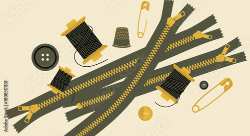 Flat lay sewing tools illustration, Zippers, threads, and safety pins, Tailoring supplies and equipment