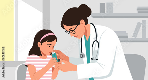 Female doctor with young girl, Medical consultation and asthma care, Healthcare professional with patient