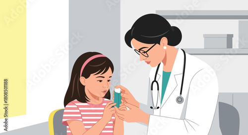 Doctor teaching child to use inhaler, Pediatrician helping young patient, Asthma treatment illustration